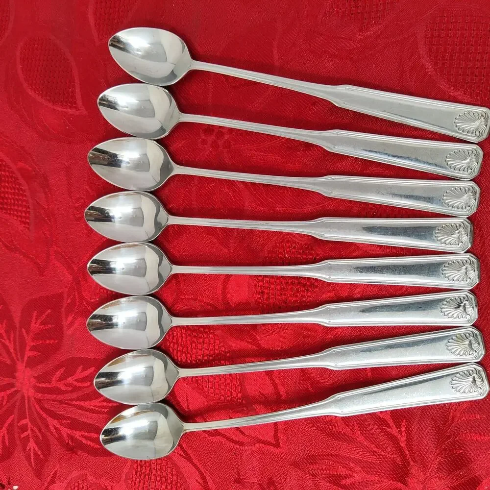 8X LH Tsp Colonial Shell Stainless Long Handled Tea Malt Spoons Korea